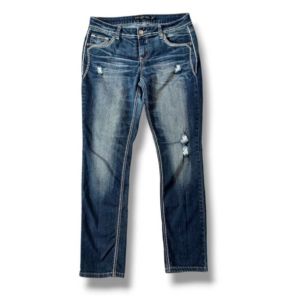 Twentyone Black Rue 21 Blue Jeans Straight Leg Dark Wash Embellished Size 9/10 - Picture 2 of 16